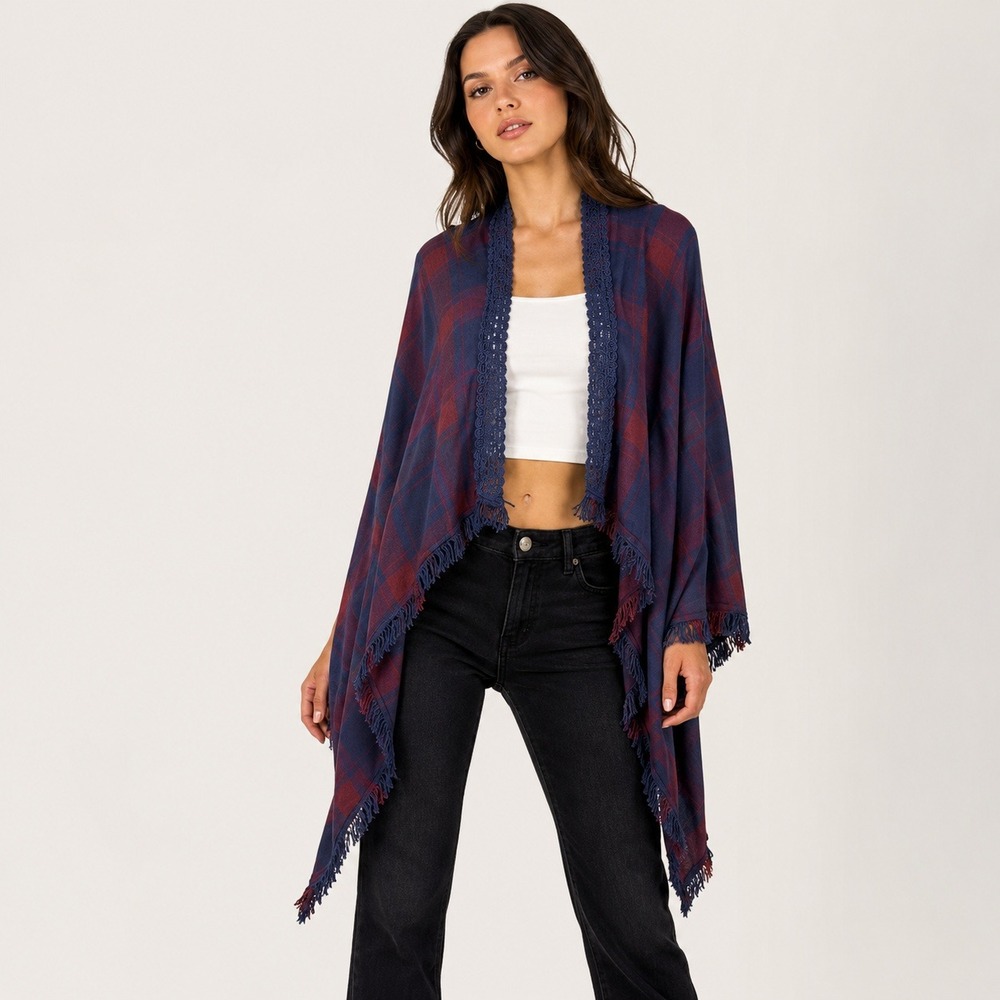 Knox Rose Womens Crochet Trim Plaid Kimono‎ Wrap S Boho Navy Burgundy Cardigan